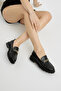 Women's Black Leather Thick Poly Sole Casual Loafer with Chain Accessories - 2