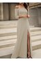 Women's Long Sleeve Madonna Collar Slit Detail Long Imported Crepe Dress