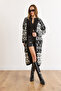 Women's Black Ecru Ethnic Pattern Soft Textured Long Knitwear Cardigan Hrk-19000421 - 6