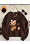 King Teddy Bear Print Pattern Detailed Crew Neck Sweatshirt