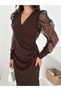 Women's Scuba Fabric Double-breasted Collar Pleated Sleeve Flock Tight Fit Dress - 2