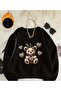 Cute Teddy Bear Print Detailed Crew Neck Sweatshirt
