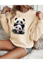 Pandas Print Detailed Crew Neck Sweatshirt