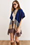 Women's Navy Blue Zigzag Pattern Poncho Cardigan HRK-19000422