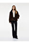 Faux Fur Coat with Faux Suede Lining, Stand Collar, Long Sleeves, Crop Zipper Closure