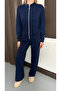 Women's Navy Blue Modal Fabric piped Wide Leg Zippered Tracksuit Set - 5