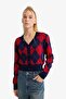 Fitted V-Neck Baklava Patterned Buttoned Cardigan F9566Ax25Wn - 5