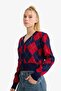 Fitted V-Neck Baklava Patterned Buttoned Cardigan F9566Ax25Wn - 4