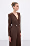 Double-Breasted Ornamental Stone Crepe Jumpsuit - Brown - 6