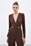 Double-Breasted Ornamental Stone Crepe Jumpsuit - Brown - 5