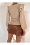 Women's Fabric Specific Shoulder Ruffled V-Neck Flexible Knitted Fabric Bluz - 7