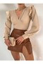 Women's Fabric Specific Shoulder Ruffled V-Neck Flexible Knitted Fabric Bluz