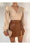 Women's Fabric Specific Shoulder Ruffled V-Neck Flexible Knitted Fabric Bluz - 2