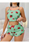 Women's Green Strawberry Patterned Shorts Pajama Set 5060 - 2