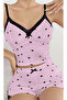 Women's Pink Heart Patterned Strap Shorts Pajama Set 5013 - 2