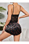 Women's Black Red Heart Patterned Satin Shorts Pajama Set 2232 - 2