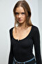 Luz Women's Ballerina Collar Half Placket Fitted Black Bodysuit with Slim Fit Snaps