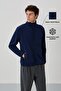 Indigo Text Embroidered Stand Collar Zippered Standard Fit Men's Sweatshirt Fleece - 87992