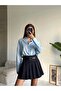 Navy Blue Full Pleated Belted Lined Shorts Women's Mini Skirt - 3