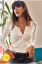 Women's Ecru Placket Ribbed Knit Blouse BLZ-19000588