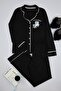 Black 100% Cotton Slogan Printed Piped Detail Knitted Pajama Set THMAW25PT00005