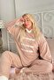 Brown Three Line Patterned Hooded Plush Fleece Pajama Set - 3