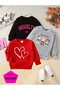 Heart Printed Red-Grey-Black Triple Crew Neck Girls' Sweatshirt with Fleece Inside