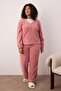 Pembe Wellsoft/Peluş Kapüşonlu Kulak Detaylı Örme Pijama Takımı TBBAW25AI00021