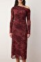 Bordo Flok Baskılı Düşük Kol Bodycon/Vücuda Oturan Flok Tül Midi  Örme Elbise TWOAW26EL00362 - 3