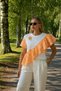 Floral Embroidered Orange Ruffle Detailed Oversize Crew Neck White T-Shirt