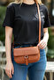 Original Women's Card Holder Tan Cross Adjustable Strap Lined Leather Baguette Daily Shoulder Bag - 4