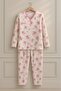 Women Mother Long Sleeve Pink Floral Pattern Cotton Combed Pajamas Set