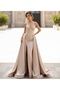 Champagne Color Strapless Stone Detailed Bodice Slit Train Satin Evening Dress