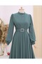 Hijab Dress with Belt and Stones on the Front - Mint - 5