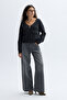 Women's Anthracite Loose Fit V-Neck Wool Cardigan - 2