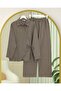 Cross Buttoned Side Tie Wool Effect Suit - Light Brown - 5