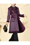 Belted Leather Coat with Double Pockets and Fur Inside - Plum - 3