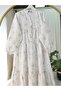 Elasticated Sleeve Half-Buttoned Jacquard Printed Panelled Dress - White - 8