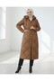 Beli Belted Front Snap Button Hooded Lined Long Quilted Coat - Tan - 4