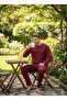 Men's Long Sleeve Burgundy Color Pajama Set with Writing on the Front - 2