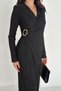 Double-Breasted Neck Buckle Detail Women's Black Pleated Dress - 5
