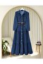 Buttoned Pocket Belted Denim Dress - Navy - 4
