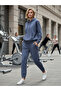Navy Blue Hooded Kangaroo Pockets Oversized Elastic Legs Fleece Inside Women's Tracksuit Set - 3