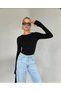 Women's Black Crew Neck Finger Detail Blouse Slim Body with Fleece Inside 2-Piece - 2