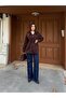 Women's Belted Denim Jacket with Pockets - Brown Jean Coat - 2