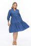 Apsen Women's Indigo Plus Size V-Neck Buttoned Skirt with Ruffles Midi Length Linen Dress 4483/105 - 3