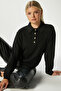 Women's Black Gold Button Detailed Premium Texture Polo Neck Knitwear Sweater - 7