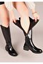 Feles Rider Flat Sole Patent Leather Zippered Women's Boots Black - 2