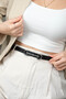 Women's Black Leather Belt with White Buckle, Slim Classic Trouser Belt