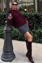 Burgundy Crew Neck Knit Pattern Women's Knitwear Sweater Mg2601 - 3